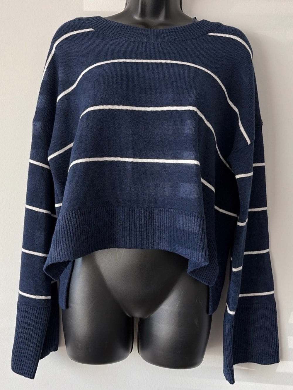Pink Rose Navy & White Striped Cropped Boatneck Sweater